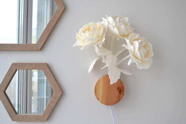 White Plug in Floral Sconce, Rustic Flower Bedside Wall Lamp With Cord, Farmhouse Sconce Light Wooden Elements - image 1