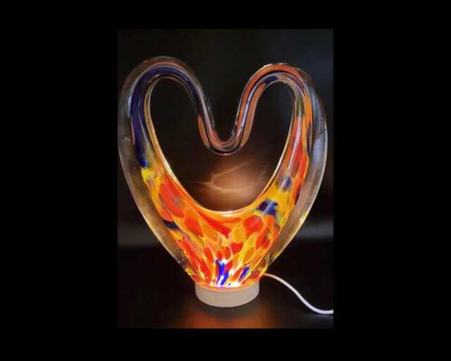Iridescent Heart Lamp Hand Blown Glass Led Sculpture, Romantic Home Decor - image 1