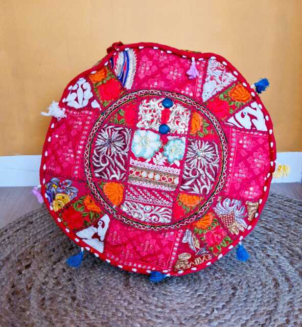 Indian Pouf Cover. Patchwork Ottoman. Handmade Home Deco - image 1