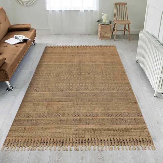 Handmade Brown Cotton Dhurrie Rug - Block Printed Kilim Style - image 1