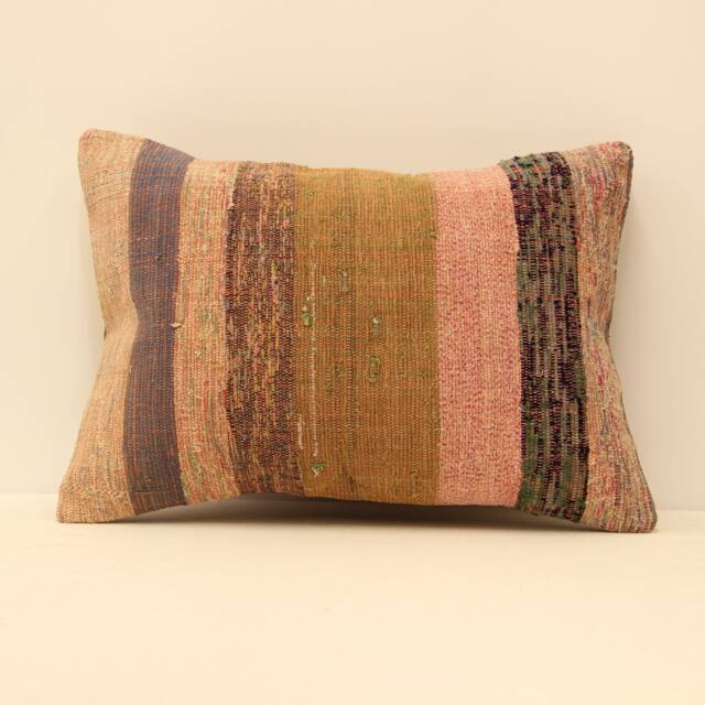 Boho Turkish Kilim Pillow Cover, Wool Lumbar Cushion 14x20 - image 1
