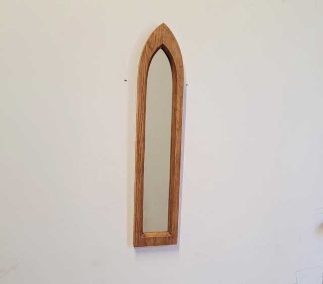 Unusual Gothic Arch Solid Wooden English Oak Wall Hanging Mirror 63 cm Long Hand Made - image 1
