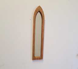 Unusual Gothic Arch Solid Wooden English Oak Wall Hanging Mirror 63 cm Long Hand Made - thumbnail 1