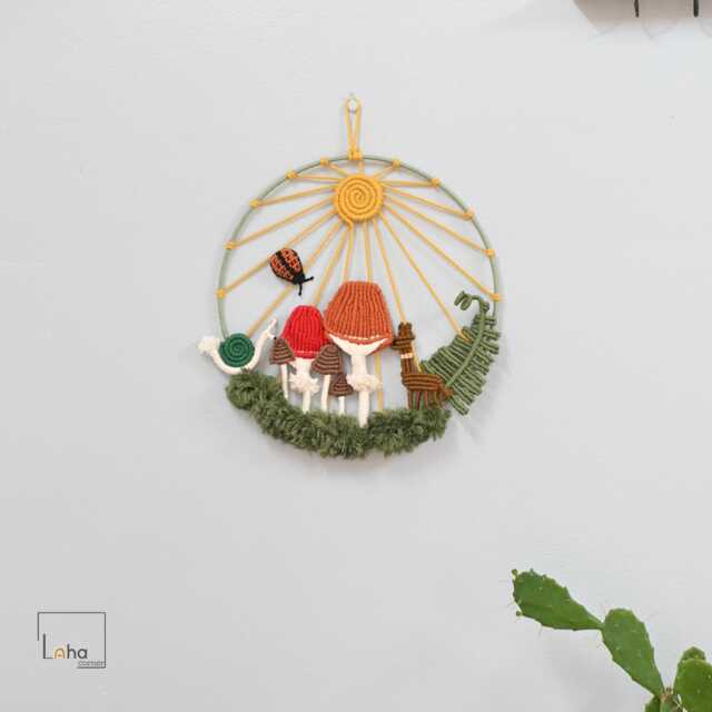Macrame Mushroom Forest Art Boho Wreath Wall Decor - image 1