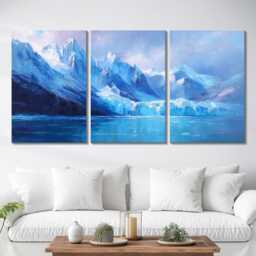 Patagonia Glacier 3 Panel Split Canvas Wall Art Cool Toned Mountain Landscape Scenic Ice Field Oil Painting Framed Home Decor - thumbnail 2
