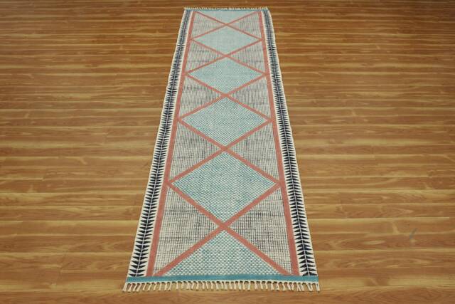 Handmade Cotton Kilim Rug Bohemian Block Print Hallway Runner - image 1