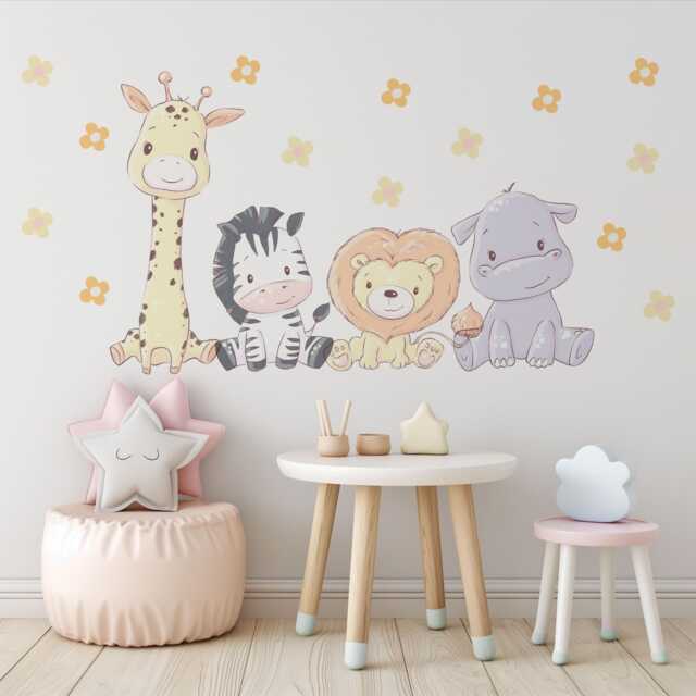 Safari Animal Wall Stickers Nursery Decor, Giraffe Zebra Lion Hippo Decals, Jungle Art, Peel & Stick Kids Room Decor - image 1