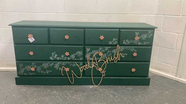 Large Painted Chest Of Drawers Merchant Teal Forest Green Pearl Cherry Blossom & Copper Flower Handles - image 1