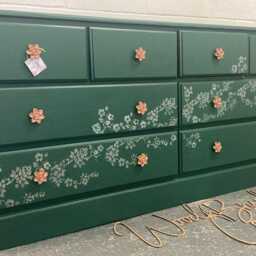 Large Painted Chest Of Drawers Merchant Teal Forest Green Pearl Cherry Blossom & Copper Flower Handles - thumbnail 2