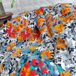 Vintage Handmade Kantha Stitch Sofa Throw - Beach Camper Van Quirky Colours Grey Orange Floral Blue Red - thumbnail 3