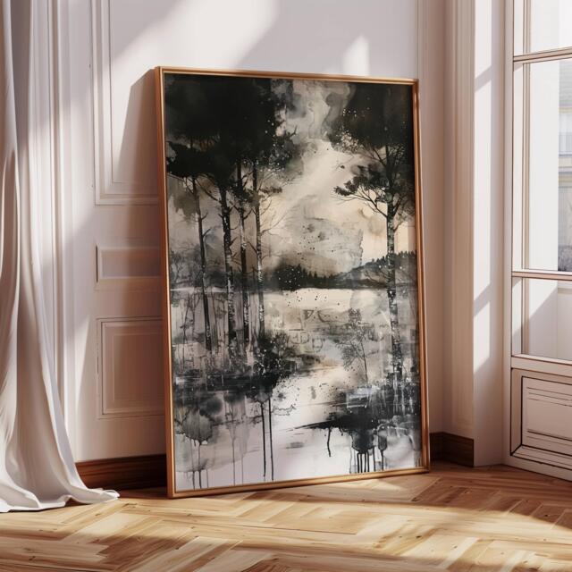 Abstract Countryside Forest Print - Black & White Mountain Landscape Moody Wall Art Nature Modern Minimal Decor - image 1