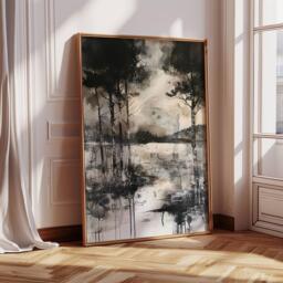 Abstract Countryside Forest Print - Black & White Mountain Landscape Moody Wall Art Nature Modern Minimal Decor - thumbnail 1