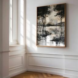 Abstract Countryside Forest Print - Black & White Mountain Landscape Moody Wall Art Nature Modern Minimal Decor - thumbnail 2