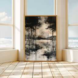 Abstract Countryside Forest Print - Black & White Mountain Landscape Moody Wall Art Nature Modern Minimal Decor - thumbnail 3