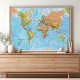Political World Map Poster - Available Wooden Hanging Bars Colourful Countries Wall Art