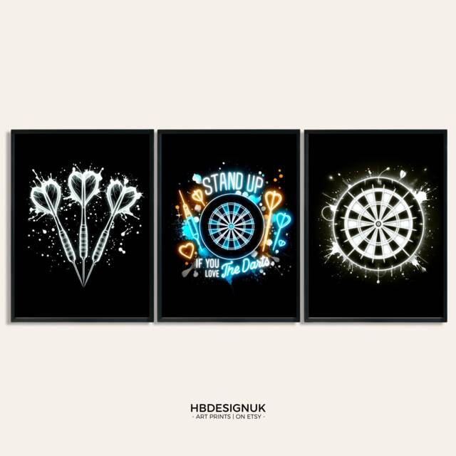 Darts Poster Print Set - Neon Black & White - Fan Gift Dart Posters Gifts For Men Gaming Room Wall Art Decor Prints
