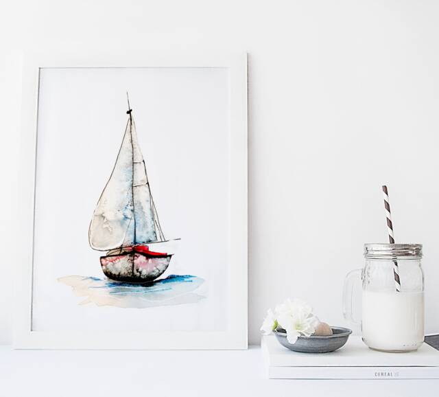 Sailing Ship Print/Watercolor Reproduction Minimalist Style Cynthia Paquette