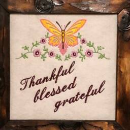 Thankful Grateful Embroidered Picture Frame, Wall Hanging Art, Butterfly, Pink Yellow, Machine Embroidered On Screen, Charred Pinewood Frame - thumbnail 2