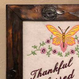 Thankful Grateful Embroidered Picture Frame, Wall Hanging Art, Butterfly, Pink Yellow, Machine Embroidered On Screen, Charred Pinewood Frame - thumbnail 4