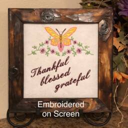 Thankful Grateful Embroidered Picture Frame, Wall Hanging Art, Butterfly, Pink Yellow, Machine Embroidered On Screen, Charred Pinewood Frame - thumbnail 1