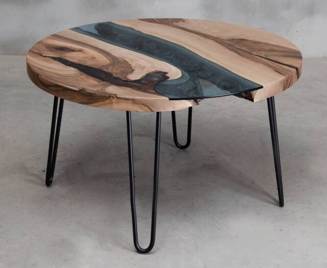 Custom River Table Made Of European Walnut Wood, Round Coffee Table, Live Edge With Hairpin Legs, Furniture For Boutique Hotel - image 1