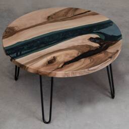 Custom River Table Made Of European Walnut Wood, Round Coffee Table, Live Edge With Hairpin Legs, Furniture For Boutique Hotel - thumbnail 2