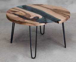 Custom River Table Made Of European Walnut Wood, Round Coffee Table, Live Edge With Hairpin Legs, Furniture For Boutique Hotel