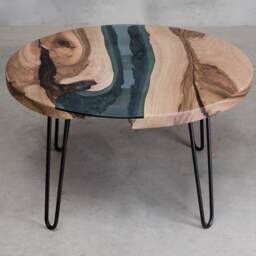 Custom River Table Made Of European Walnut Wood, Round Coffee Table, Live Edge With Hairpin Legs, Furniture For Boutique Hotel - thumbnail 3