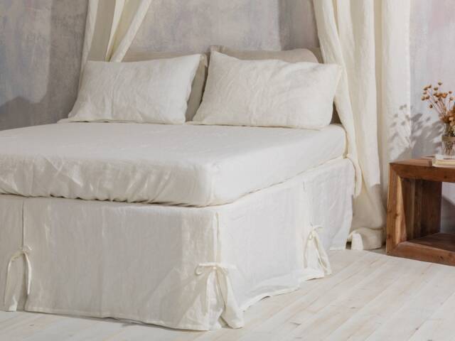 Linen Bed Skirt-Washed Linen Skirt - White Skirt With Pleated & Ties-Shabby Chic Bedskirt. Available in Any Sizes - image 1