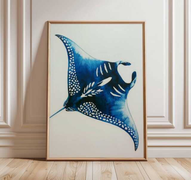 Blue Manta Ray Poster Ocean Wall Art Marine Life Print Coastal Decor Beach House Artwork Underwater Sea Animal Illustration - image 1