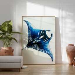 Blue Manta Ray Poster Ocean Wall Art Marine Life Print Coastal Decor Beach House Artwork Underwater Sea Animal Illustration - thumbnail 3