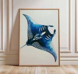 Blue Manta Ray Poster Ocean Wall Art Marine Life Print Coastal Decor Beach House Artwork Underwater Sea Animal Illustration - thumbnail 1