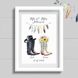 Personalised Country Themed Wedding Gift. Cowboy Boots Print For Anniversary Present. Couples Wall Art Country & Western Music Lovers - thumbnail 1