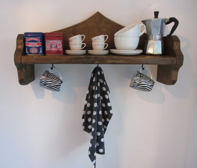 Church Pew Style Rustic Reclaimed Plank Wood Shelf Kitchen With Towel Hooks - image 1