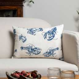 Crab & Lobster Nautical Boudoir Cushion Cover. Marine Blue White Sea Creature Design For Beach Huts. 17x12