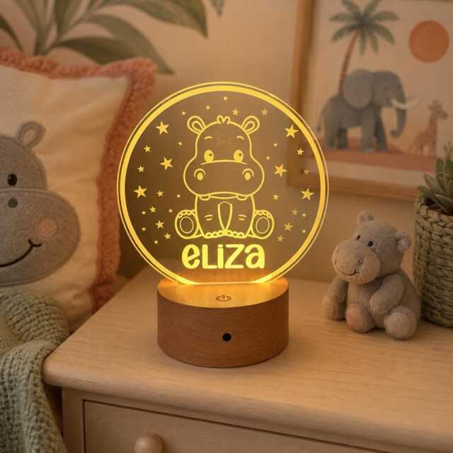 Personalised Hippo Night Light - Custom Name Kids Lamp Nursery Led Colour Changing Baby Room Decor Gift - image 1