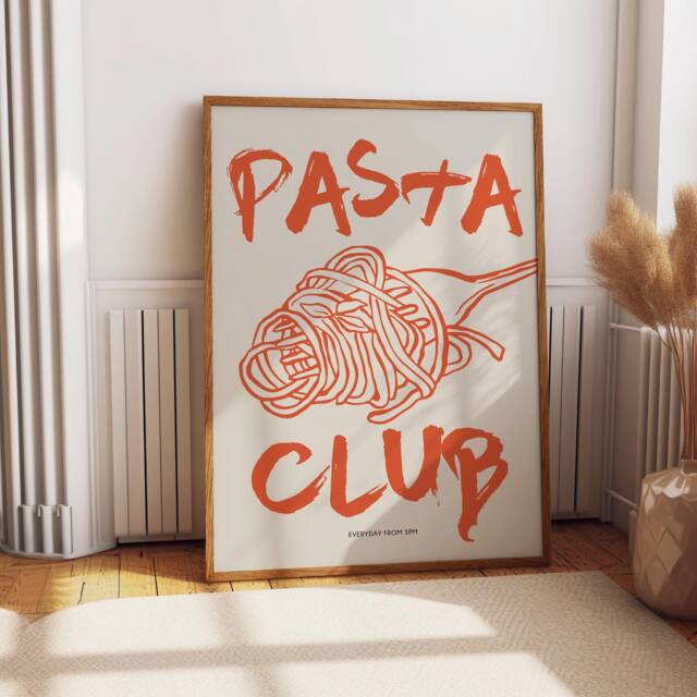 Pasta Club Print, Poster, Modern Dinning Room Art, Lover Gift, Kitchen Wall Retro Food Red 2577 - image 1