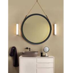 Black Round Mirror Wall Decor Leather Strap Wood Bathroom Mirror, Wood Framed Large Frame For Beauty Salon - thumbnail 3