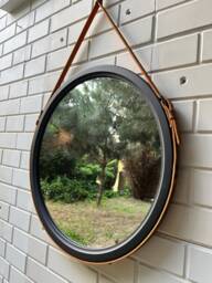 Black Round Mirror Wall Decor Leather Strap Wood Bathroom Mirror, Wood Framed Large Frame For Beauty Salon