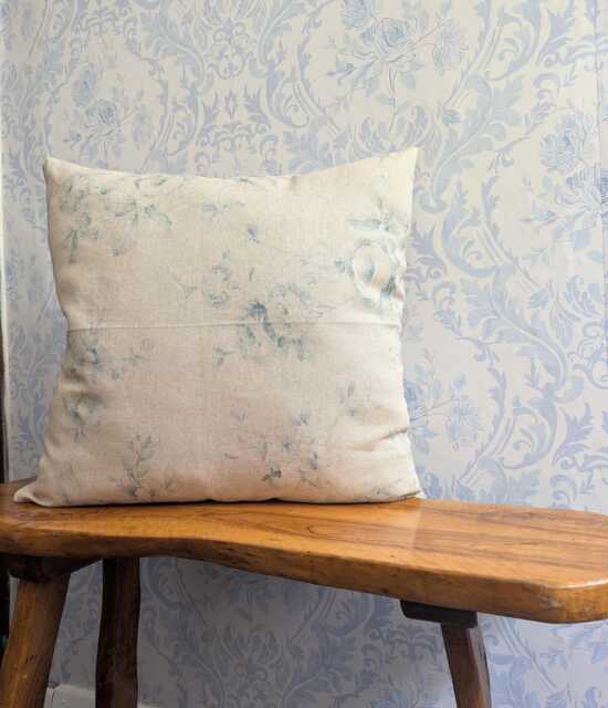 French Vintage Cushion Cover Duck Egg Blue Faded Roses, Polka Dot Farmhouse Decor - image 1