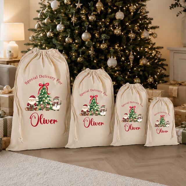 Personalised 100% Cotton Christmas Tree Special Delivery Santa Sack - Grandson, Granddaughter, Grandchild, Son, Daughter - image 1