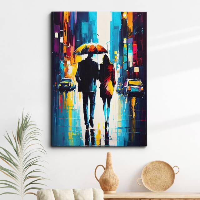 Couple Walking in The City Abstract Oil Painting Style Wall Art, Framed Canvas Poster Print, Home Kitchen Office Room Decor, Gifts - image 1