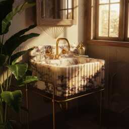 Fluted Amber Viola Marble Sink With Brass Base - Handmade Bathroom Vanity M1M023 - thumbnail 1