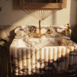 Fluted Amber Viola Marble Sink With Brass Base - Handmade Bathroom Vanity M1M023 - thumbnail 2