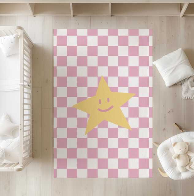 Checkered Pink & White With Yellow Star - Rug, Carpet, Kids Decor, Children's Room Decor, Kids Carpet - image 1