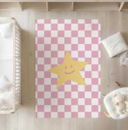 Checkered Pink & White With Yellow Star - Rug, Carpet, Kids Decor, Children's Room Decor, Kids Carpet - thumbnail 1