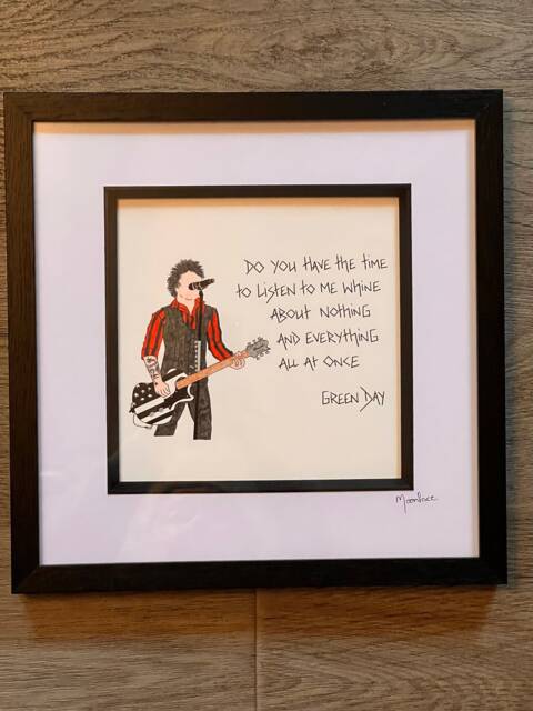 Green Day Hand Drawn Original Framed Artwork With Lyrics To Basketcase Handwritten Alongside - image 1