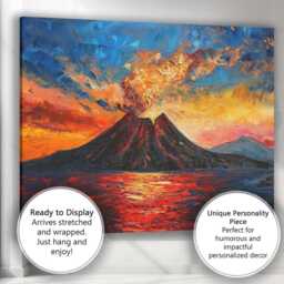 Dramatic Erupting Volcano Fiery Sunset Landscape Painting Canvas Wall Art Print Decor Picture Ready To Hang - thumbnail 3