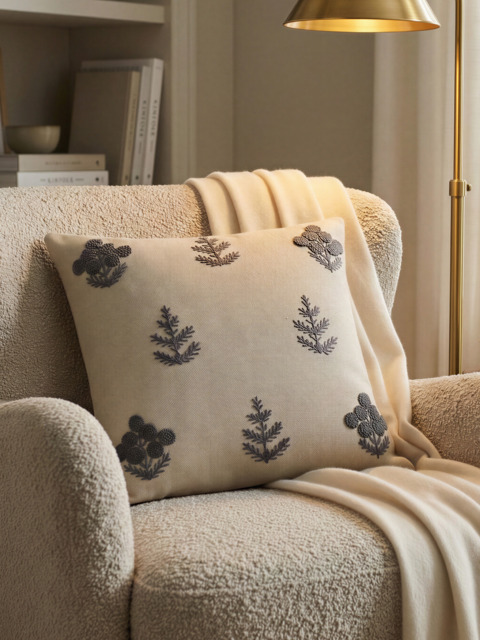 Nomad Floral Embroidered Cotton–Linen Cushion - Blue - image 1