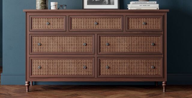 Vintage Rattan 7 Drawer Wide Chest by Feather & Black | uFurnish.com Vintage Rattan 7 Drawer Wide Chest by Feather & Black | uFurnish.com